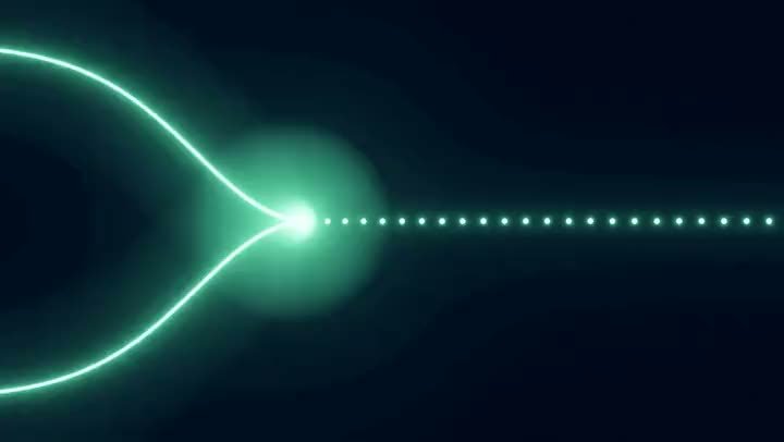 Two strands of light joining into one bright point